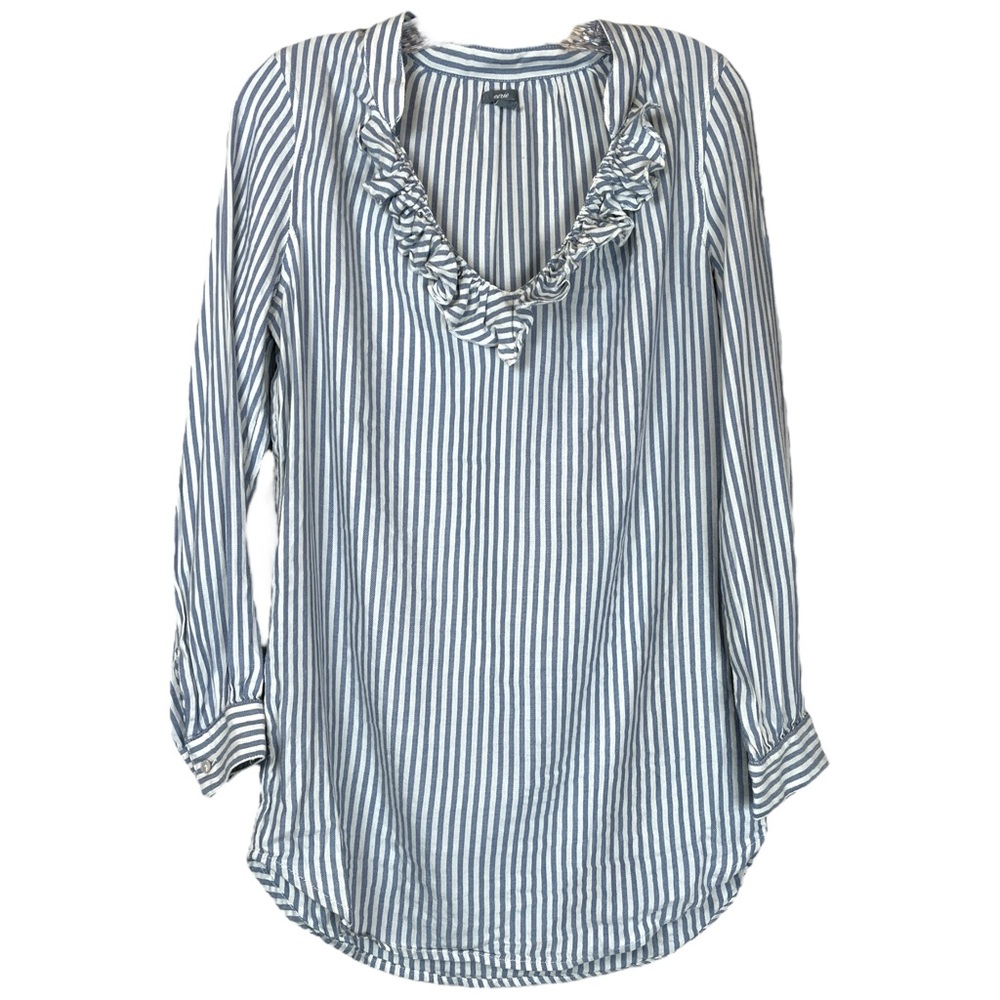 Aerie Intimates Sleepwear Pinstripes Blue White Long Sleeve Ruffle V-Neck Tunic - Picture 2 of 6
